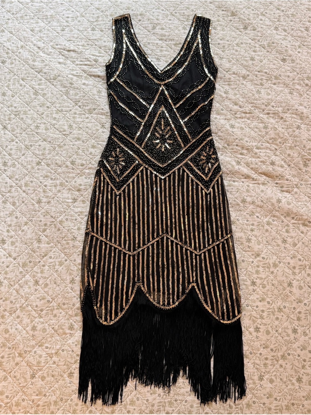 Babeyond black beaded and sequin midi dress with fringe